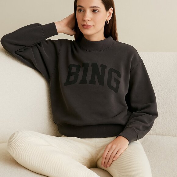 Anine Bing Bradie "Bing" Mockneck Relaxed Fit Sweatshirt in Washed Black Medium - Picture 1 of 14